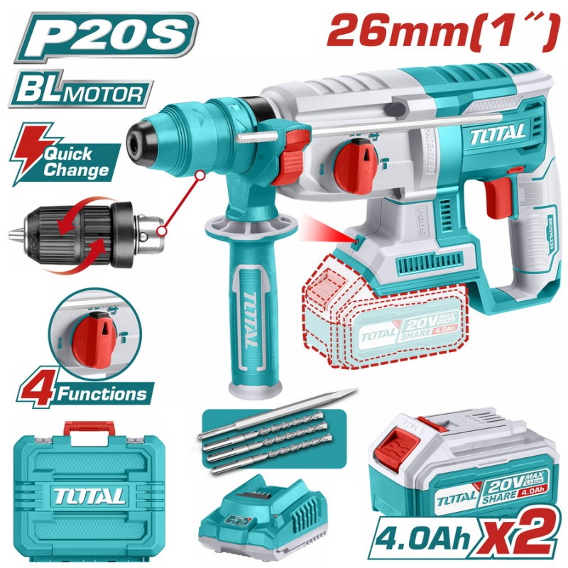 TOTAL ΕΠΑΓΓ. ΣΕΤ ΠΝΕΥΜΑΤΙΚΟ ΠΙΣΤΟΛΕΤΟ ΜΠΑΤ. Li-ion 20V / 4Ah / 2 ΜΠΑΤΑΡΙΕΣ ΜΕ ΤΑΧΥΤΣΟΚ (TRHLI202289)