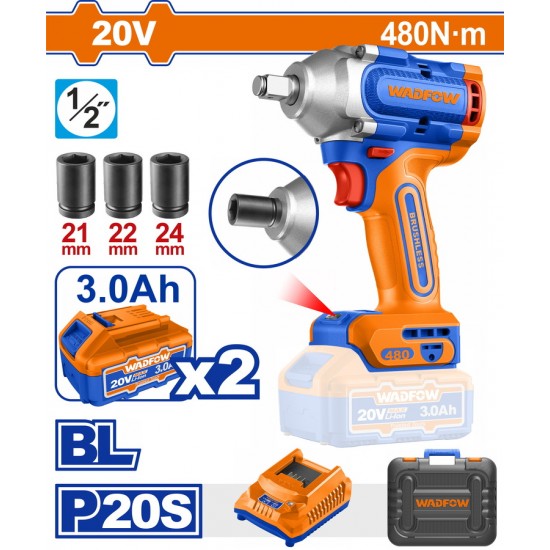WADFOW ΜΠΟΥΛΟΝΟΚΛΕΙΔΟ ΜΠΑΤ. Li-ion 20V / 3Ah / 480Nm / 2 ΜΠΑΤ BL Motor (WCD1B48)