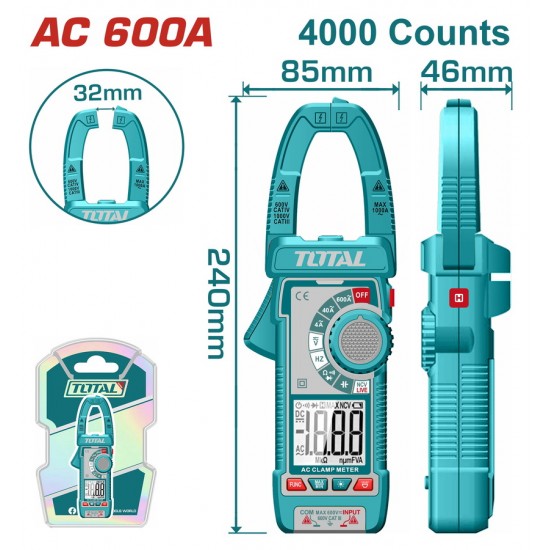 TOTAL ΕΠΑΓΓ. ΑΜΠΕΡΟΤΣΙΜΠΙΔΑ ΨΗΦΙΑΚΗ 600Α AC/DC True RMS (TMT766001)