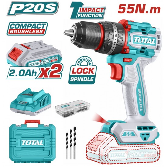 TOTAL ΕΠΑΓΓ. ΔΡΑΠ/ΒΙΔΟ ΚΡΟΥΣΤΙΚΟ ΜΠΑΤ. Li-ion 20V / 2Ah / 55Nm / 2 ΜΠΑΤ BL Motor (TIDLI20558E)