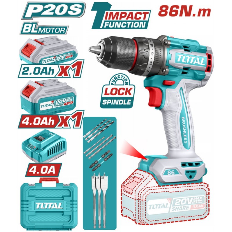 TOTAL ΕΠΑΓΓ. ΔΡΑΠ/ΒΙΔΟ ΚΡΟΥΣΤΙΚΟ ΜΠΑΤ. Li-ion 20V / 2Ah+4Ah / 86Nm / 2 ΜΠΑΤ BL Motor (TIDLI20868E)