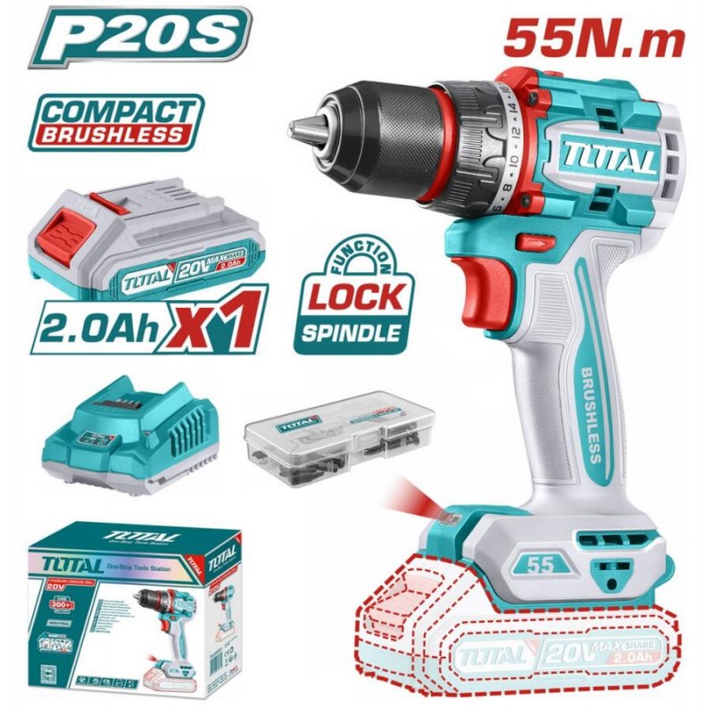 TOTAL ΕΠΑΓΓ. ΔΡΑΠ/ΒΙΔΟ ΜΠΑΤ. Li-ion 20V / 2Ah / 55Nm / 1 ΜΠΑΤ BL Motor (TDLI205582E)