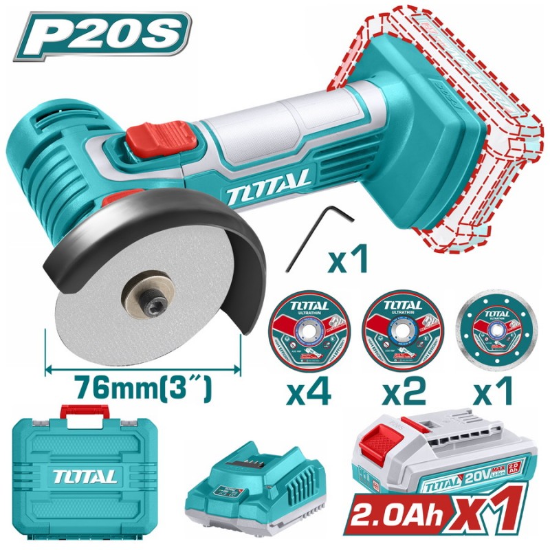 TOTAL ΕΠΑΓΓ. MINI ΓΩΝΙΑΚΟΣ ΤΡΟΧΟΣ ΜΠΑΤ. Li-ion 20V / 76mm / 2Ah / 1 ΜΠΑΤΑΡΙΑ (TAGLI76012)