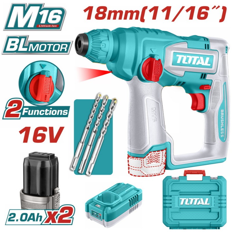 TOTAL ΕΠΑΓΓ. ΠΝΕΥΜΑΤΙΚΟ ΠΙΣΤΟΛΕΤΟ SDS-PLUS ΜΠΑΤ. Li-ion 16V / 2Ah / 2 ΜΠΑΤ (TRHLI16168)