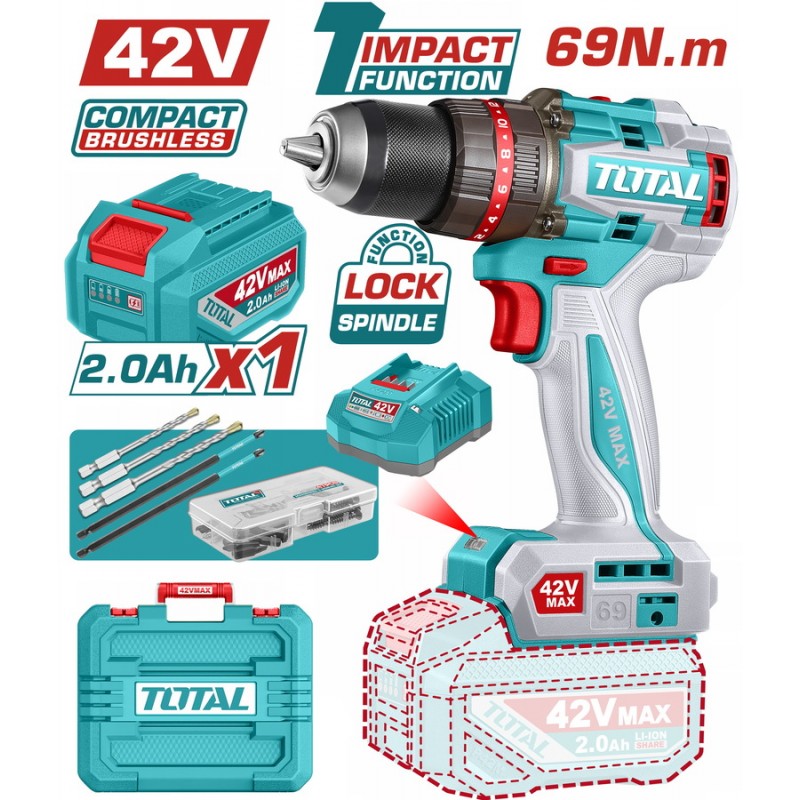 TOTAL ΕΠΑΓΓ. ΔΡΑΠ/ΒΙΔΟ ΚΡΟΥΣΤΙΚΟ ΜΠΑΤ. Li-ion 42V / 2Ah / 69Nm / 1 ΜΠΑΤ BL Motor (TIDLI426981E)
