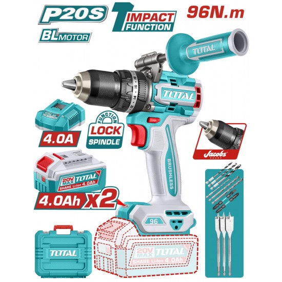 TOTAL ΕΠΑΓΓ. ΔΡΑΠ/ΒΙΔΟ ΚΡΟΥΣΤΙΚΟ ΜΠΑΤ. Li-ion 20V / 4Ah / 96Nm / 2 ΜΠΑΤ BL Motor (TIDLI209686E)
