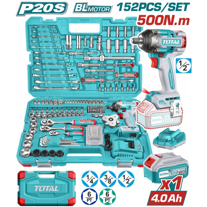 TOTAL ΕΠΑΓΓ. ΣΕΤ ΜΠΟΥΛΟΝΟΚΛΕΙΔΟ ΜΠΑΤ. Li-ion 20V / 500Nm / 4Ah / 1 ΜΠΑΤ 152ΤΕΜ BL Motor (THKTHP31522)