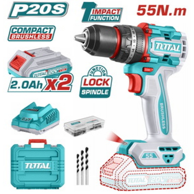 TOTAL ΕΠΑΓΓ. ΔΡΑΠ/ΒΙΔΟ ΚΡΟΥΣΤΙΚΟ ΜΠΑΤ. Li-ion 20V / 2Ah / 55Nm / 2 ΜΠΑΤ BL Motor (TIDLI20558E)
