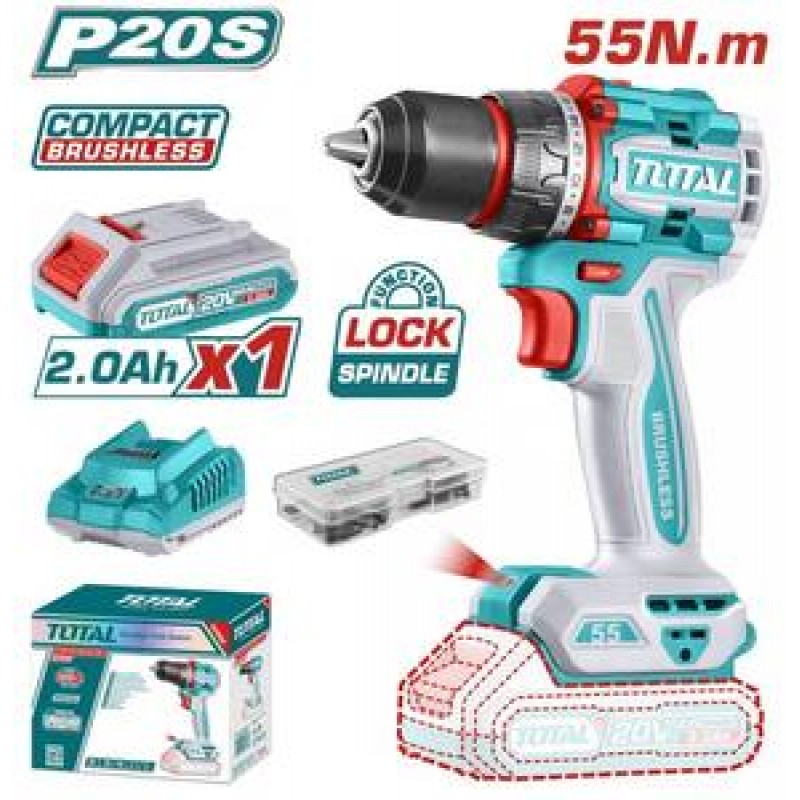TOTAL ΕΠΑΓΓ. ΔΡΑΠ/ΒΙΔΟ ΜΠΑΤ. Li-ion 20V / 2Ah / 55Nm / 1 ΜΠΑΤ BL Motor (TDLI205582E)