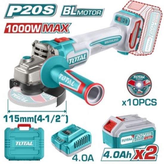 TOTAL ΕΠΑΓΓ. ΣΕΤ ΓΩΝΙΑΚΟΣ ΤΡΟΧΟΣ 115mm ΜΠΑΤ. Li-ion 20V / 4Ah / 2 ΜΠΑΤ (TAGLI271532E)