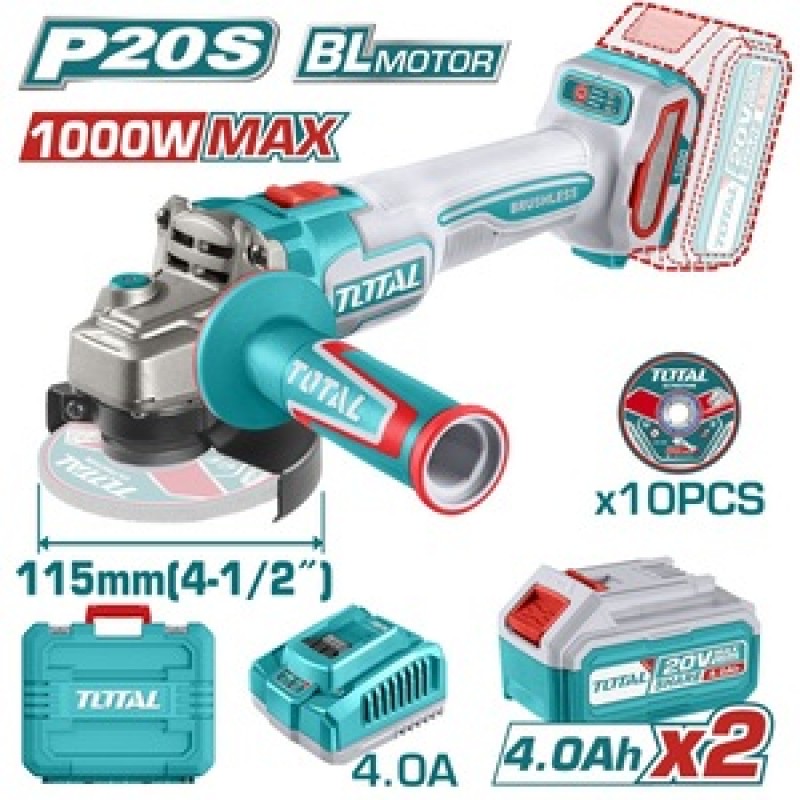TOTAL ΕΠΑΓΓ. ΣΕΤ ΓΩΝΙΑΚΟΣ ΤΡΟΧΟΣ 115mm ΜΠΑΤ. Li-ion 20V / 4Ah / 2 ΜΠΑΤ (TAGLI271532E)