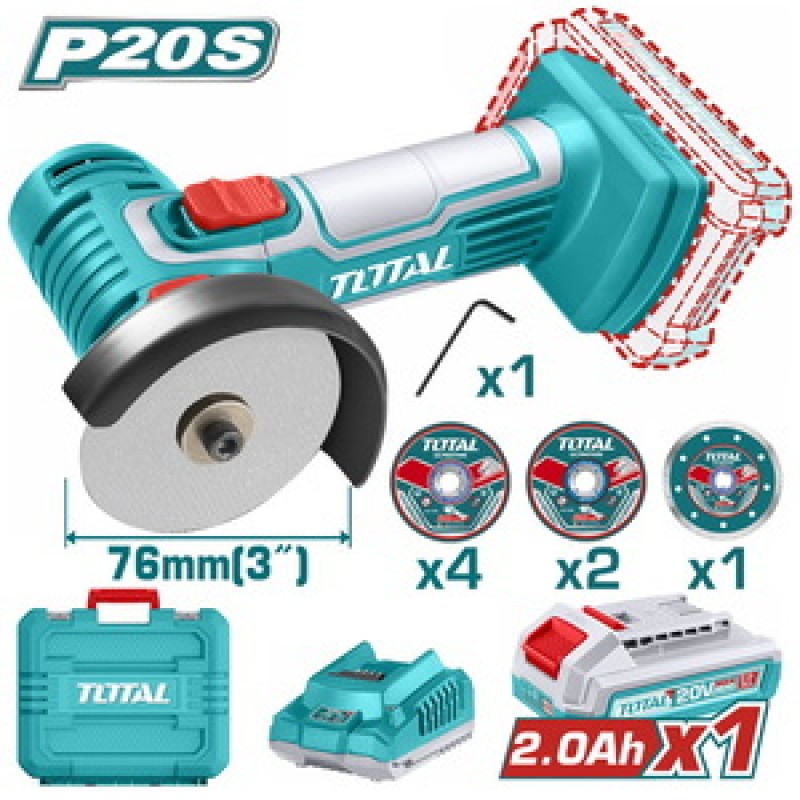TOTAL ΕΠΑΓΓ. MINI ΓΩΝΙΑΚΟΣ ΤΡΟΧΟΣ ΜΠΑΤ. Li-ion 20V / 76mm / 2Ah / 1 ΜΠΑΤΑΡΙΑ (TAGLI76012)
