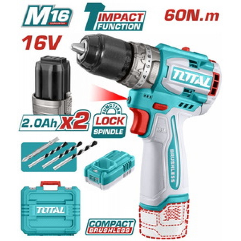 TOTAL ΕΠΑΓΓ. ΔΡΑΠ/ΒΙΔΟ ΚΡΟΥΣΤΙΚΟ ΜΠΑΤ. Li-ion 16V / 2Ah / 60Nm / 2 ΜΠΑΤ (TIDLI16682)