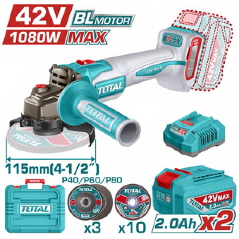 TOTAL ΕΠΑΓΓ. ΣΕΤ ΓΩΝΙΑΚΟΣ ΤΡΟΧΟΣ 115mm ΜΠΑΤ. Li-ion 42V / 2Ah / 2 ΜΠΑΤ BL Motor (TAGLI4108112E)