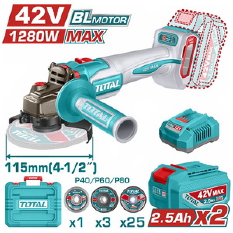TOTAL ΕΠΑΓΓ. ΣΕΤ ΓΩΝΙΑΚΟΣ ΤΡΟΧΟΣ 115mm ΜΠΑΤ. Li-ion 42V / 2.5Ah / 2 ΜΠΑΤ BL Motor (TAGLI4128112E)