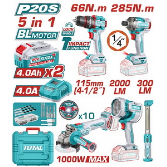 TOTAL ΕΠΑΓΓ. ΣΕΤ 5τεμ ΕΡΓΑΛΕΙΩΝ ΜΠΑΤ. Li-ion 20V / 4Ah / 2 ΜΠΑΤΑΡΙΕΣ BL Motor (TOSLI250692E)