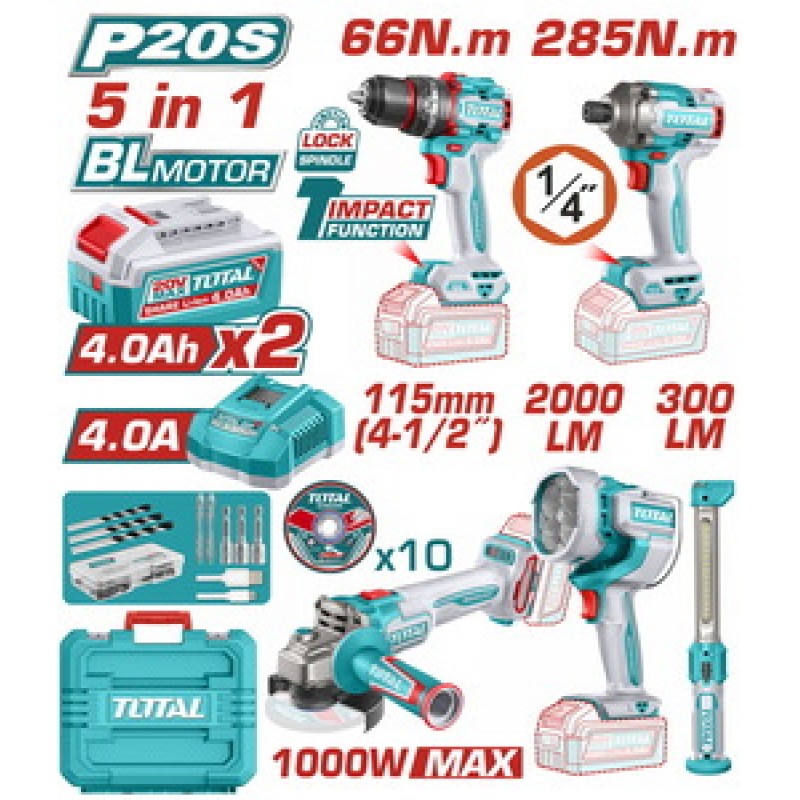 TOTAL ΕΠΑΓΓ. ΣΕΤ 5τεμ ΕΡΓΑΛΕΙΩΝ ΜΠΑΤ. Li-ion 20V / 4Ah / 2 ΜΠΑΤΑΡΙΕΣ BL Motor (TOSLI250692E)