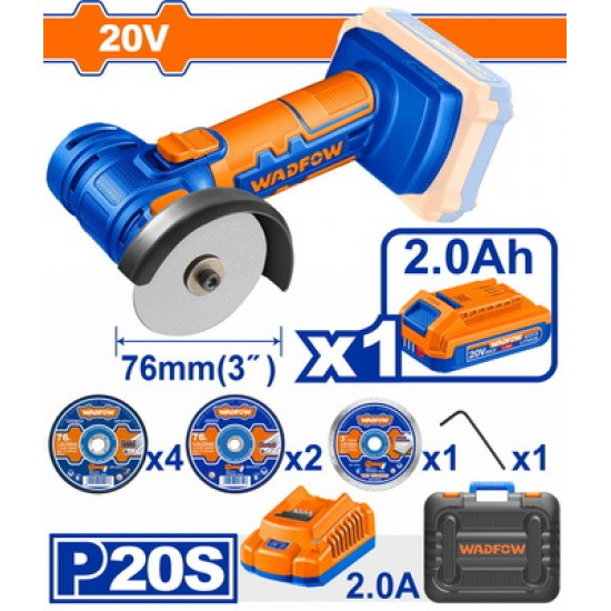 WADFOW MINI ΓΩΝΙΑΚΟΣ ΤΡΟΧΟΣ ΜΠΑΤ. Li-ion 20V / 2Ah / 1 ΜΠΑΤΑΡΙΑ (WLAP573)