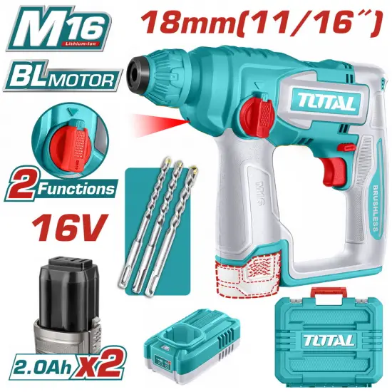 TOTAL ΕΠΑΓΓ. ΠΝΕΥΜΑΤΙΚΟ ΠΙΣΤΟΛΕΤΟ SDS-PLUS ΜΠΑΤ. Li-ion 16V / 2Ah / 2 ΜΠΑΤ (TRHLI16168)