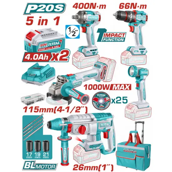 TOTAL ΕΠΑΓΓ. ΣΕΤ 5τεμ ΕΡΓΑΛΕΙΩΝ ΜΠΑΤ. Li-ion 20V / 4Ah / 2 ΜΠΑΤΑΡΙΕΣ BL Motor (TCKLI20592E)