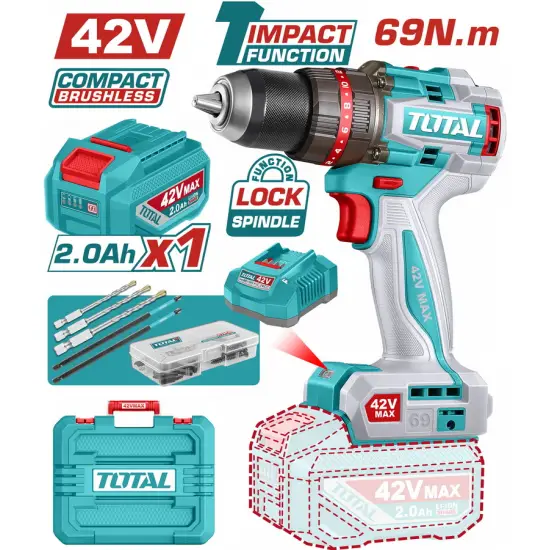 TOTAL ΕΠΑΓΓ. ΔΡΑΠ/ΒΙΔΟ ΚΡΟΥΣΤΙΚΟ ΜΠΑΤ. Li-ion 42V / 2Ah / 69Nm / 1 ΜΠΑΤ BL Motor (TIDLI426981E)