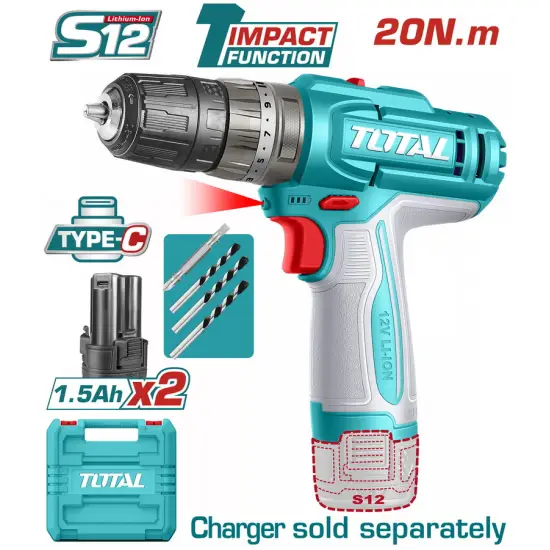 TOTAL ΔΡΑΠ/ΒΙΔΟ ΚΡΟΥΣΤΙΚΟ ΜΠΑΤ. Li-ion 12V / 1.5Ah / 20Nm / 2 ΜΠΑΤ Type-C (TIDLI12206E)