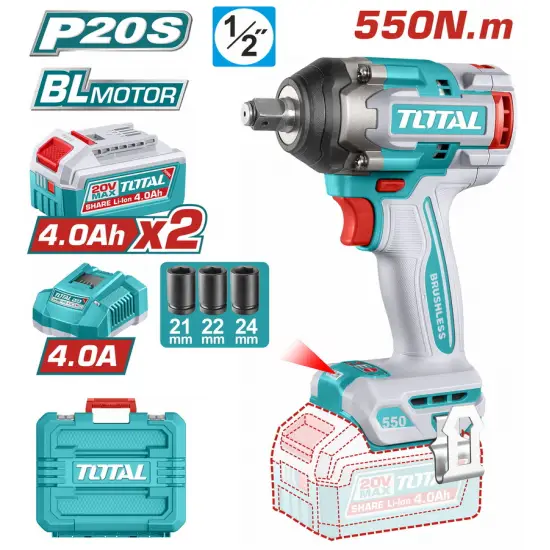 TOTAL ΕΠΑΓΓ. ΜΠΟΥΛΟΝΟΚΛΕΙΔΟ ΜΠΑΤ. Li-ion 20V / 4Ah / 550Nm / 2 ΜΠΑΤΑΡΙΕΣ BL Motor (TIWLI2055E)