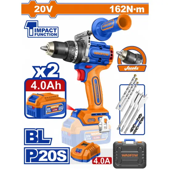 WADFOW ΔΡΑΠ/ΒΙΔΟ ΚΡΟΥΣΤΙΚΟ ΜΠΑΤ. Li-ion 20V / 162Nm / 4Ah / 2 ΜΠΑΤ BL Motor (WCDP16281E)