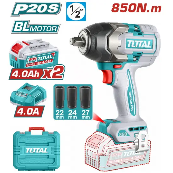 TOTAL ΕΠΑΓΓ. ΜΠΟΥΛΟΝΟΚΛΕΙΔΟ ΜΠΑΤ. Li-ion 20V / 4Ah / 850Nm / 2 ΜΠΑΤΑΡΙΕΣ (TIWLI2085E)