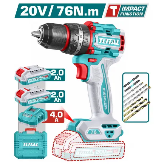 TOTAL ΕΠΑΓΓ. ΔΡΑΠ/ΒΙΔΟ ΚΡΟΥΣΤΙΚΟ ΜΠΑΤ. Li-ion 20V / 2Ah / 76Nm / 2 ΜΠΑΤ BL Motor (TIDLI207686E)