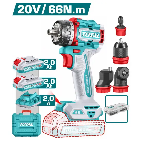 TOTAL ΕΠΑΓΓ. ΔΡΑΠ/ΒΙΔΟ COMPACT ΜΕ 4 ΚΕΦΑΛΕΣ ΜΠΑΤ. Li-ion 20V/66Nm/2Ah/ 2 ΜΠΑΤ BL Motor (TDLI206686E)