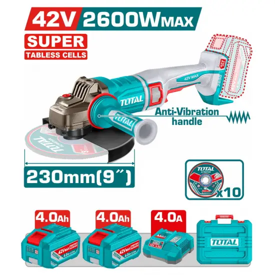 TOTAL ΕΠΑΓΓ. ΣΕΤ ΓΩΝΙΑΚΟΣ ΤΡΟΧΟΣ 230mm ΜΠΑΤ. Li-ion 42V / 4Ah / 2 ΜΠΑΤ BL Motor TABLESS CELLS (TAGLI4260182)
