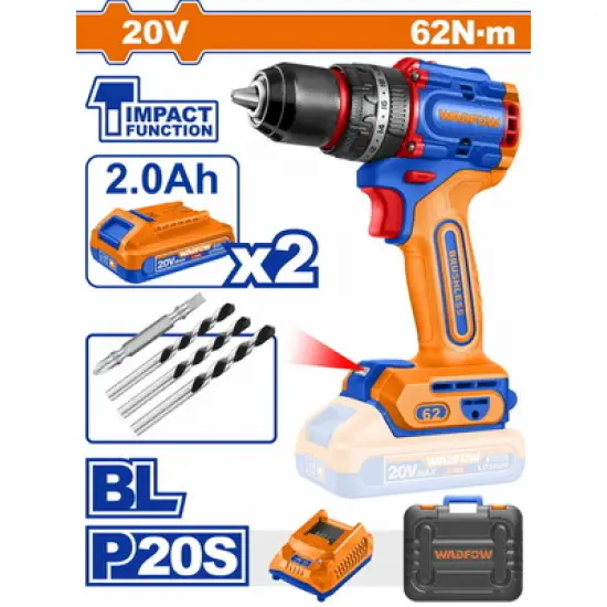 WADFOW ΔΡΑΠ/ΒΙΔΟ ΚΡΟΥΣΤΙΚΟ ΜΠΑΤ. Li-ion 20V / 62Nm / 2Ah / 2 ΜΠΑΤ BL Motor (WCDP6281E)