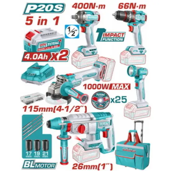 TOTAL ΕΠΑΓΓ. ΣΕΤ 5τεμ ΕΡΓΑΛΕΙΩΝ ΜΠΑΤ. Li-ion 20V / 4Ah / 2 ΜΠΑΤΑΡΙΕΣ BL Motor (TCKLI20592E)