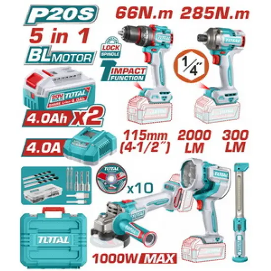 TOTAL ΕΠΑΓΓ. ΣΕΤ 5τεμ ΕΡΓΑΛΕΙΩΝ ΜΠΑΤ. Li-ion 20V / 4Ah / 2 ΜΠΑΤΑΡΙΕΣ BL Motor (TOSLI250692E)