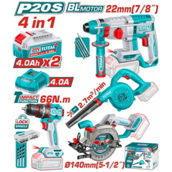 TOTAL ΕΠΑΓΓ. ΣΕΤ 4τεμ ΕΡΓΑΛΕΙΩΝ ΜΠΑΤ. Li-ion 20V / 4Ah / 2 ΜΠΑΤΑΡΙΕΣ BL Motor (TOSLI250695E)