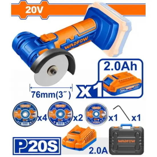 WADFOW MINI ΓΩΝΙΑΚΟΣ ΤΡΟΧΟΣ ΜΠΑΤ. Li-ion 20V / 2Ah / 1 ΜΠΑΤΑΡΙΑ (WLAP573)