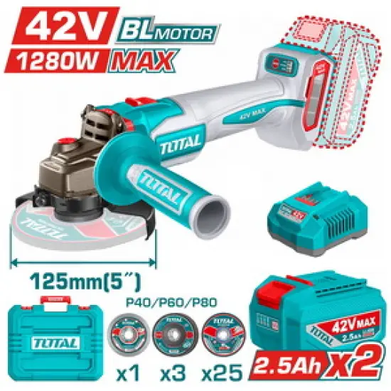 TOTAL ΕΠΑΓΓ. ΣΕΤ ΓΩΝΙΑΚΟΣ ΤΡΟΧΟΣ 125mm ΜΠΑΤ. Li-ion 42V / 2.5Ah / 2 ΜΠΑΤ BL Motor (TAGLI4128122E)