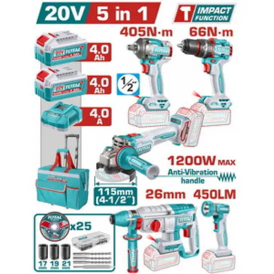 TOTAL ΕΠΑΓΓ. ΣΕΤ 5τεμ ΕΡΓΑΛΕΙΩΝ ΜΠΑΤ. Li-ion 20V / 4Ah / 2 ΜΠΑΤΑΡΙΕΣ (TCKLI20595E)