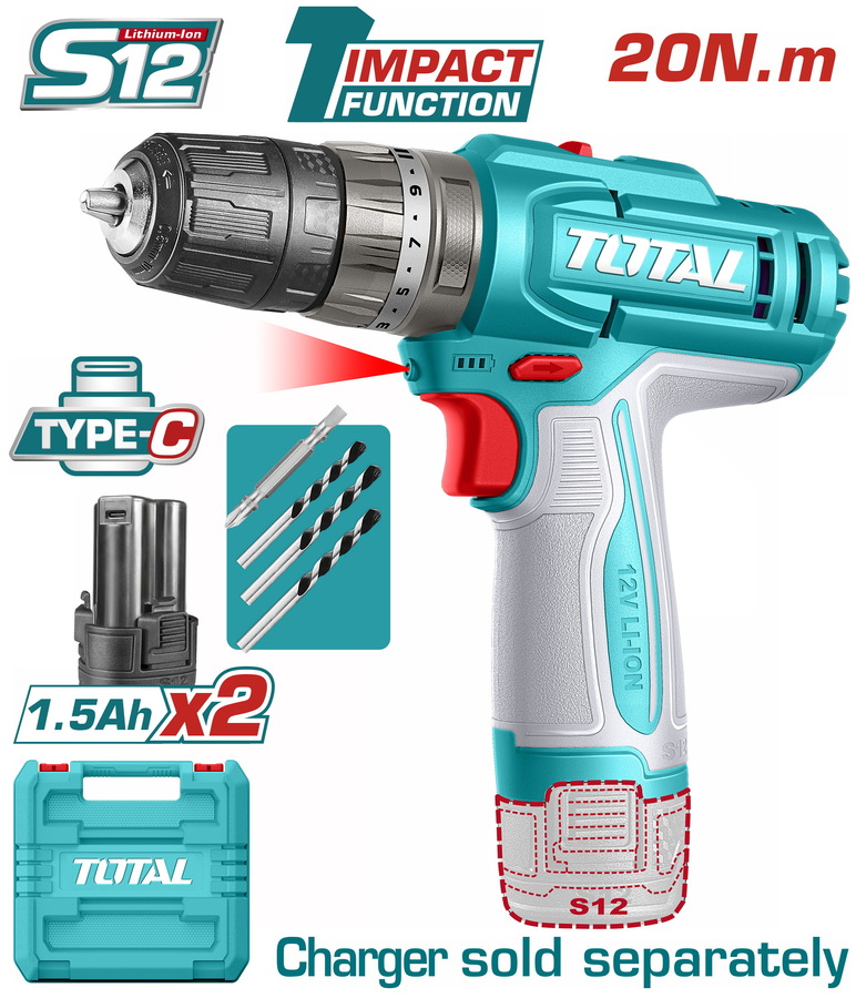 TOTAL ΔΡΑΠ/ΒΙΔΟ ΚΡΟΥΣΤΙΚΟ ΜΠΑΤ. Li-ion 12V / 1.5Ah / 20Nm / 2 ΜΠΑΤ Type-C (TIDLI12206E)